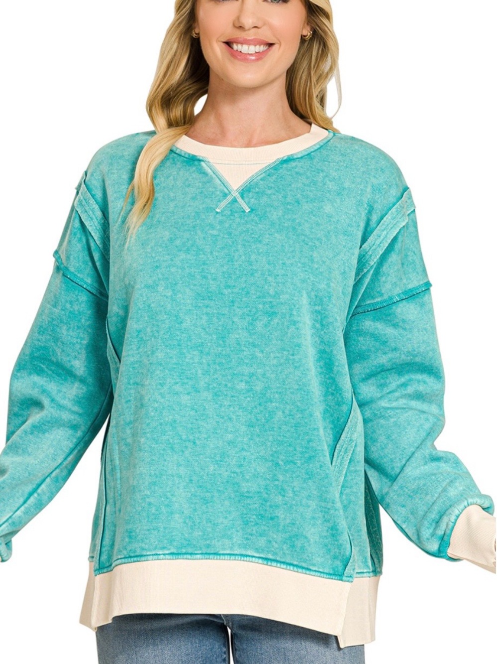 Zenana Outfitters Aqua Mineral-Wash Pullover Sweatshirt with Cream Trim